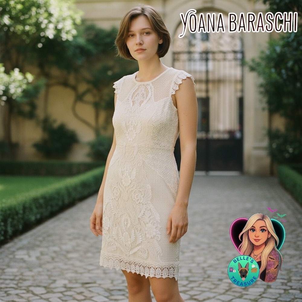 YOANA BARASCHI Anthro Women's 8 Ivory Lace Sleeve Sheath Dress Event Prom Bride